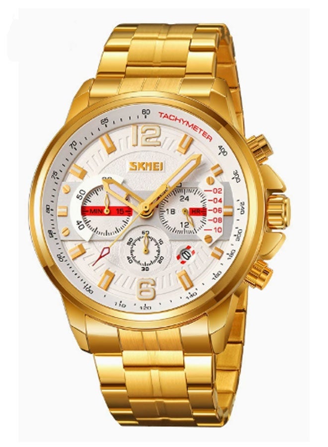 نيوترل ساعة SK-19 الرجالية للأعمال تصميم عصري + مقاومة للماء للاستخدام اليومي تتميز بعرض الوقت ووظيفة التاريخ وساعة توقيت وعقارب مضيئة (أبيض + ذهبي) - Image 1